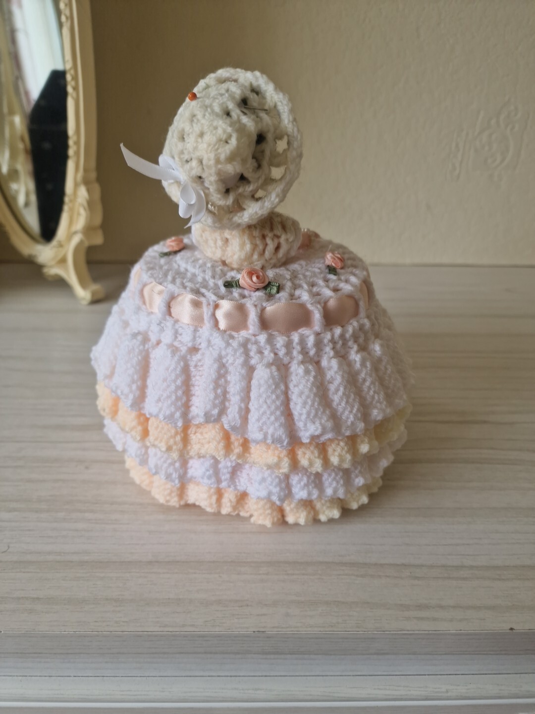 Vintage Doll Toilet Roll Holder Knitted Crochet Retro White Bathroom