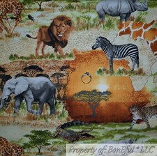 BonEful FABRIC FQ Cotton Quilt Brown Gold Sun Wild Animal Safari Jungle Africa L