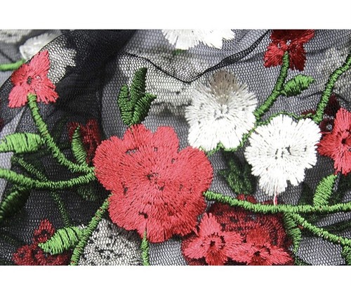 Womens Sheer Off Shoulder Long Sleeve Floral Embroidered Crop Top/Blouse S Black - Picture 6 of 7