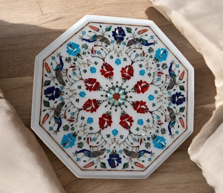 Marble Inlay Coffee Table Top Semi Precious Inlaid Gemstone Art Work for Home