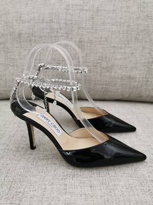 Jimmy Choo Saeda 85 Black Patent Leather Crystal Embellishment