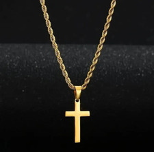 Gold Plated Cross Pendant Necklace Unisex Twisted Rope Chain Stainless Steel New