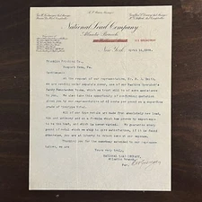 RARE 1909 NATIONAL LEAD COMPANY BROADWAY NY TYPED LETTER TO FRANKLIN PRINTING