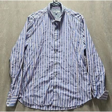 Ted Baker Shirt Men 5 Blue Red Button Up Striped Elbow Patches Flip Cuffs