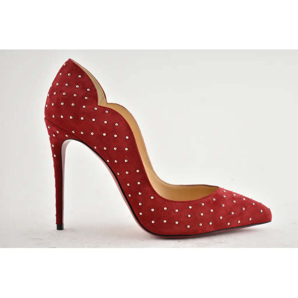 Christian Louboutin Hot Chick Plume 100 Red Carmen Stud Suede Heel