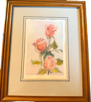 Vintage Watercolor Pink Roses Blush Rose Cottage Core Countryside Signed Dated