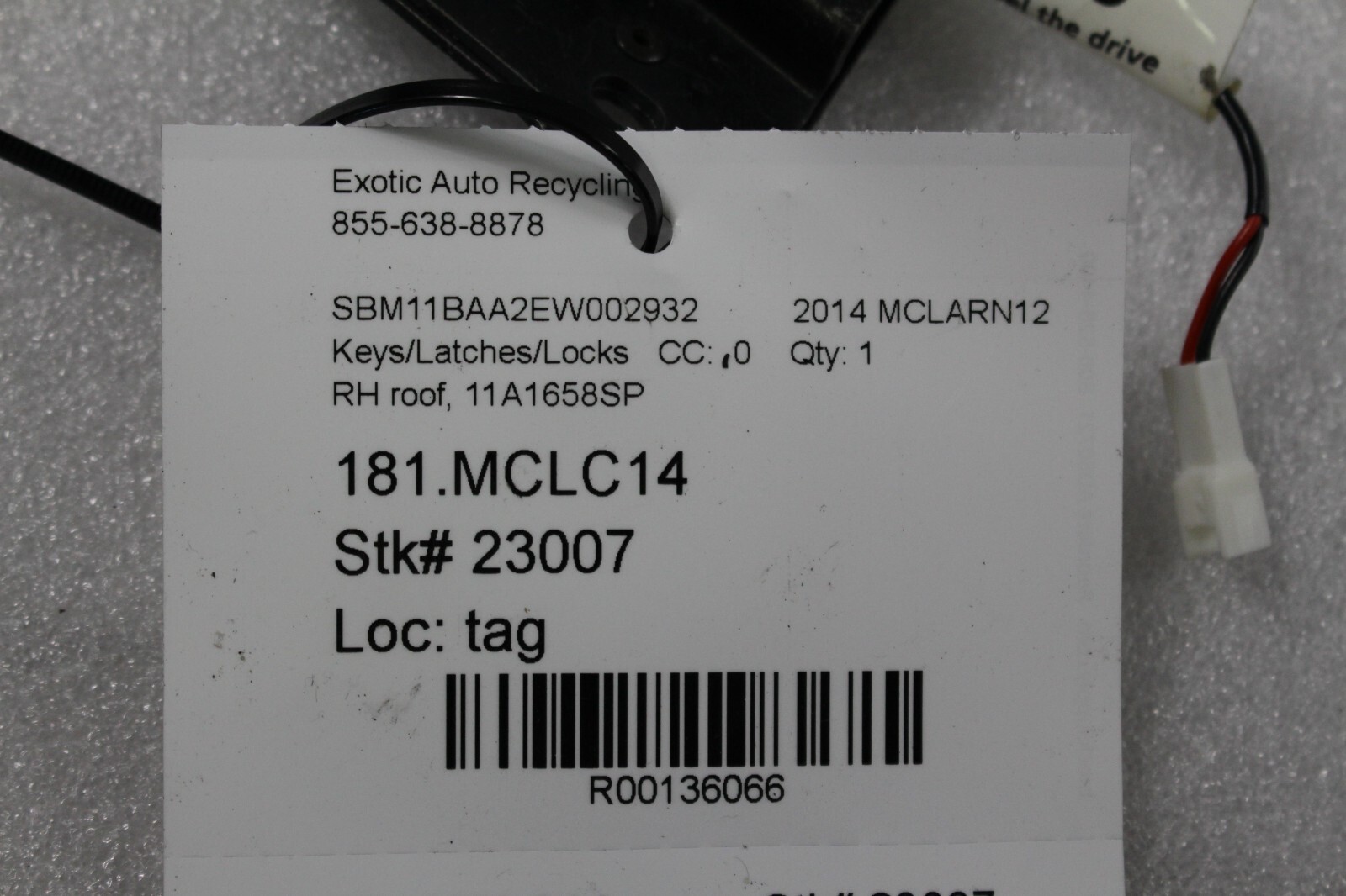 Mclaren MP4-12C, RH, Right, Roof Latch/Lock, Used, P/N 11A1658SP