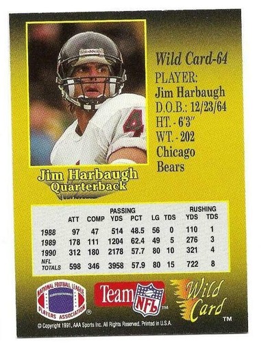 JIM HARBAUGH 1991 WILD CARD 20 STRIPE CARD NM-MT CONDITION - Picture 2 of 2