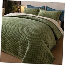 King Size Velvet 3-Piece Quilt Set - Ultra KING/CAL.KING 108"x96" Olive Green