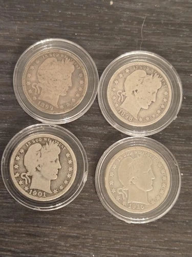 Lot of 4 Barber Quarters 1898,99,01, 15  90% Silver,Nice. Circ You Grade