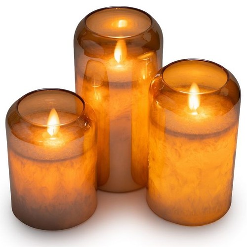Set of 3 Gold Dual LED Hurricane Glow Glass Candles 3D Wick with Remote Timer - Picture 4 of 5