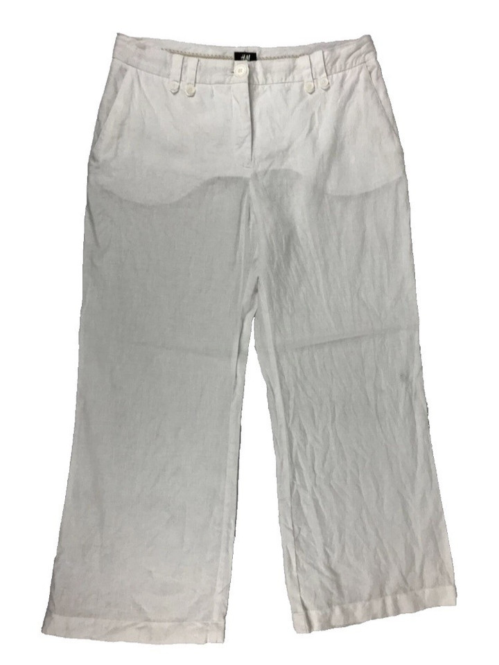 H&M Pants White Size US10 14 Linen Wide Leg Pockets Casual Breathable Women's