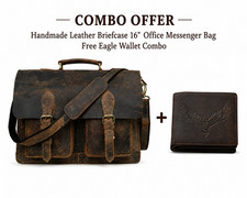 16" Vintage Leather Laptop Briefcase Mens Messenger Bag Business Free Wallet