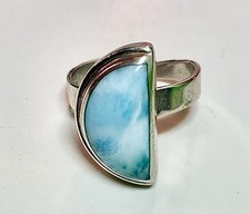 Genuine Larimar Half Moon Sterling Silver Ring Adjustable Handcrafted Jewelry