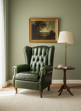 Poltrona Chesterfield Bergere Pelle Vintage Verde Invecchiata Classica Nuova