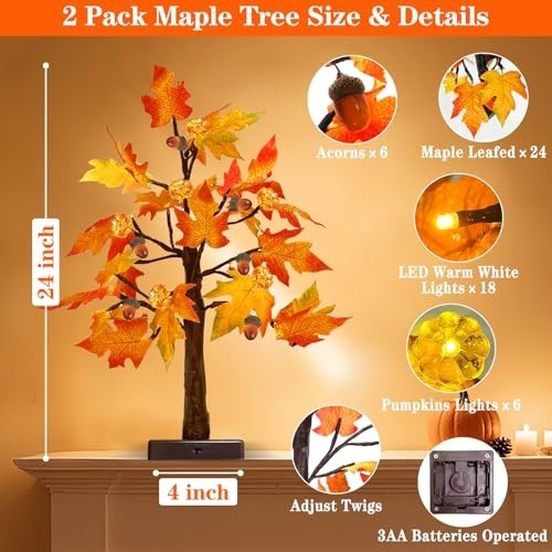 2 Pack 24" Prelit Fall Maple Trees - 48 LED Timer Table Lights, Battery Operated - Picture 4 of 7