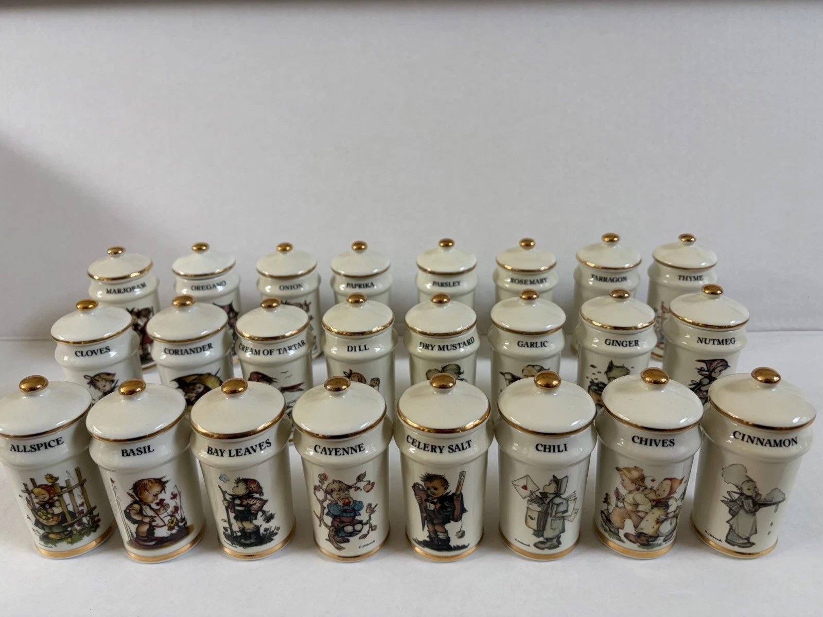 MJ Hummel Danbury Mint 1987 Gold Trim Spice Jars 24pc Complete Set (no rack)