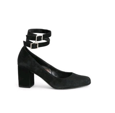 Saint Laurent YSL Babies Double Ankle Strap Block Heel Pumps in Black Suede 36.5