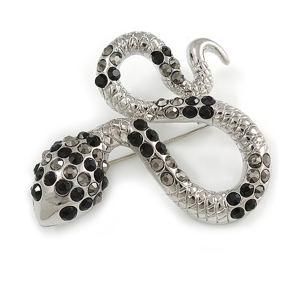 Sleek Black/ Hematite Crystal 'Snake' Brooch In Rhodium Plating - 55mm Width