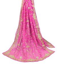 Sushila Vintage Fuchsia Pink Heavy Dupatta Pure Chiffon Zardozi Long Stole