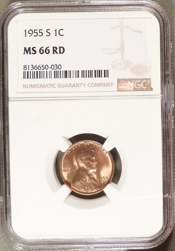 1955-S Lincoln Head Cent NGC graded MS66 RD, Bright & Very Lustrous (030).
