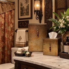 Vintage Croscill Bijou Gold Wastebasket Tissue Box Cover Bathroom Set 2 Pc