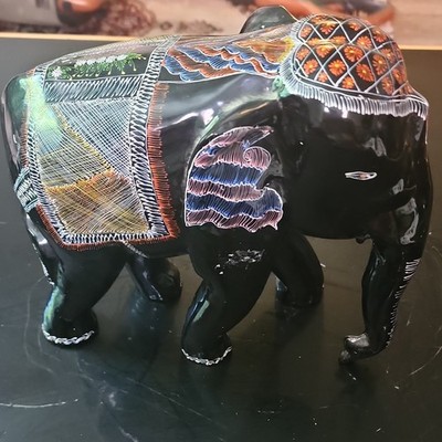 Black Elephant Figurine Hand-Painted Multicolor Patterned Blanket