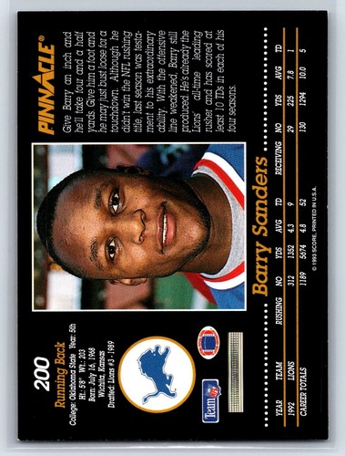 1993 Pinnacle Football Card #200 - Barry Sanders Detroit Lions Mint Hall of Fame - Picture 2 of 2