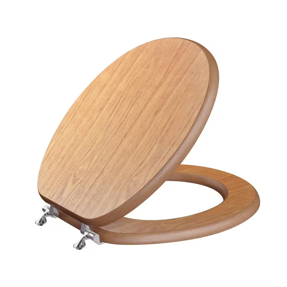 Decorative Wood Round Closed Front Toilet Seat with Cover & Hinge Dark Brown Oak