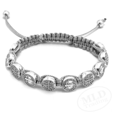 Gray Macrame Saint St Benedict Medal Cord Bracelet - Adjustable, 10 Medals