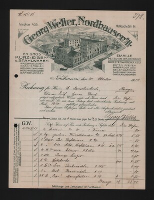 NORDHAUSEN, Rechnung 1914, Georg Weller Kurz-Eisen-Stahlwaren Waschmaschinen
