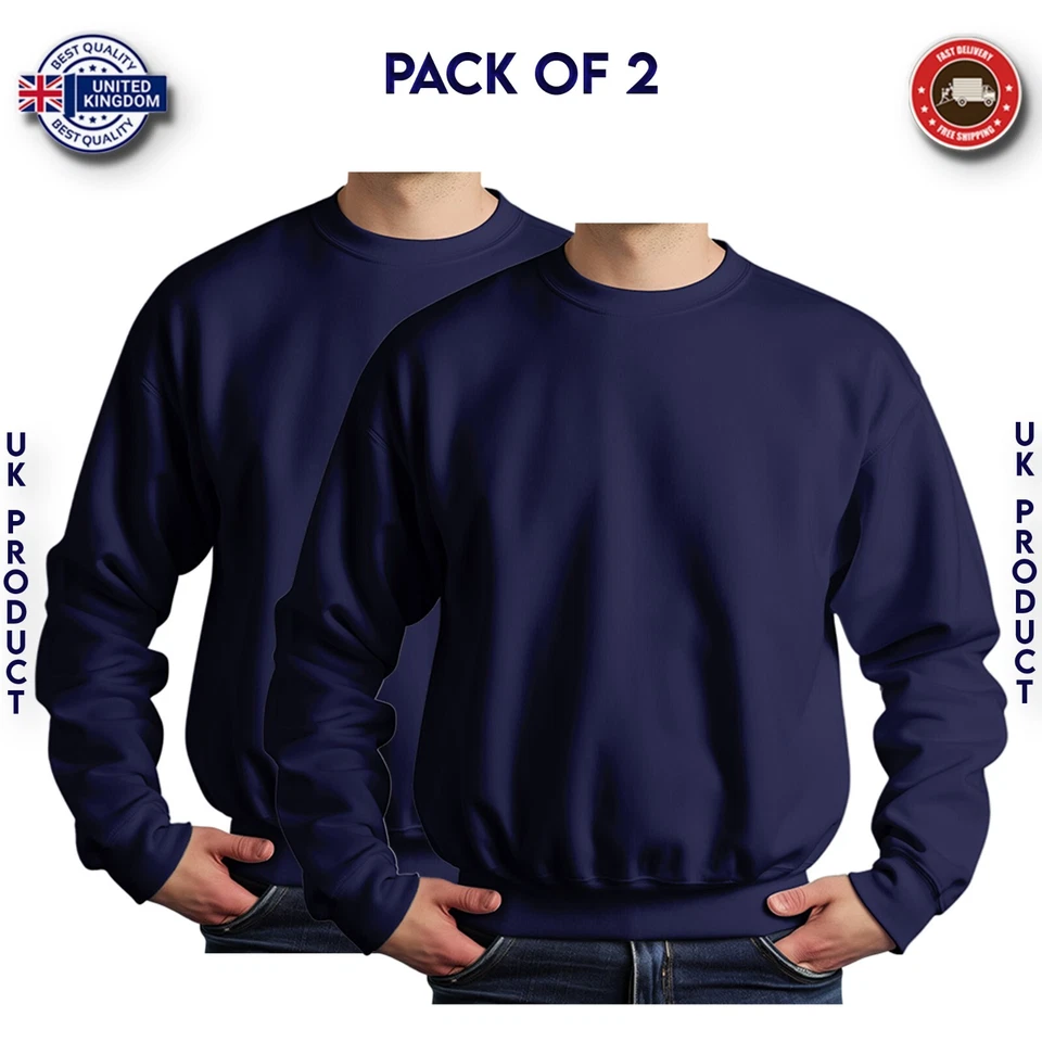 Paquete de 2 sudaderas para hombre mezcla pesada cuello redondo suéter liso alta calidad Foto 4 de 4