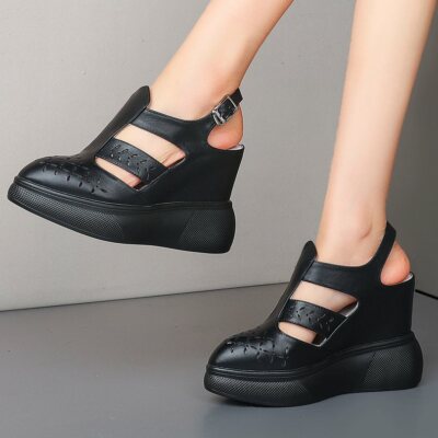 Punk Goth Women Genuine Leather Platform Wedge Summer Ankle Boots Sandals Pumps