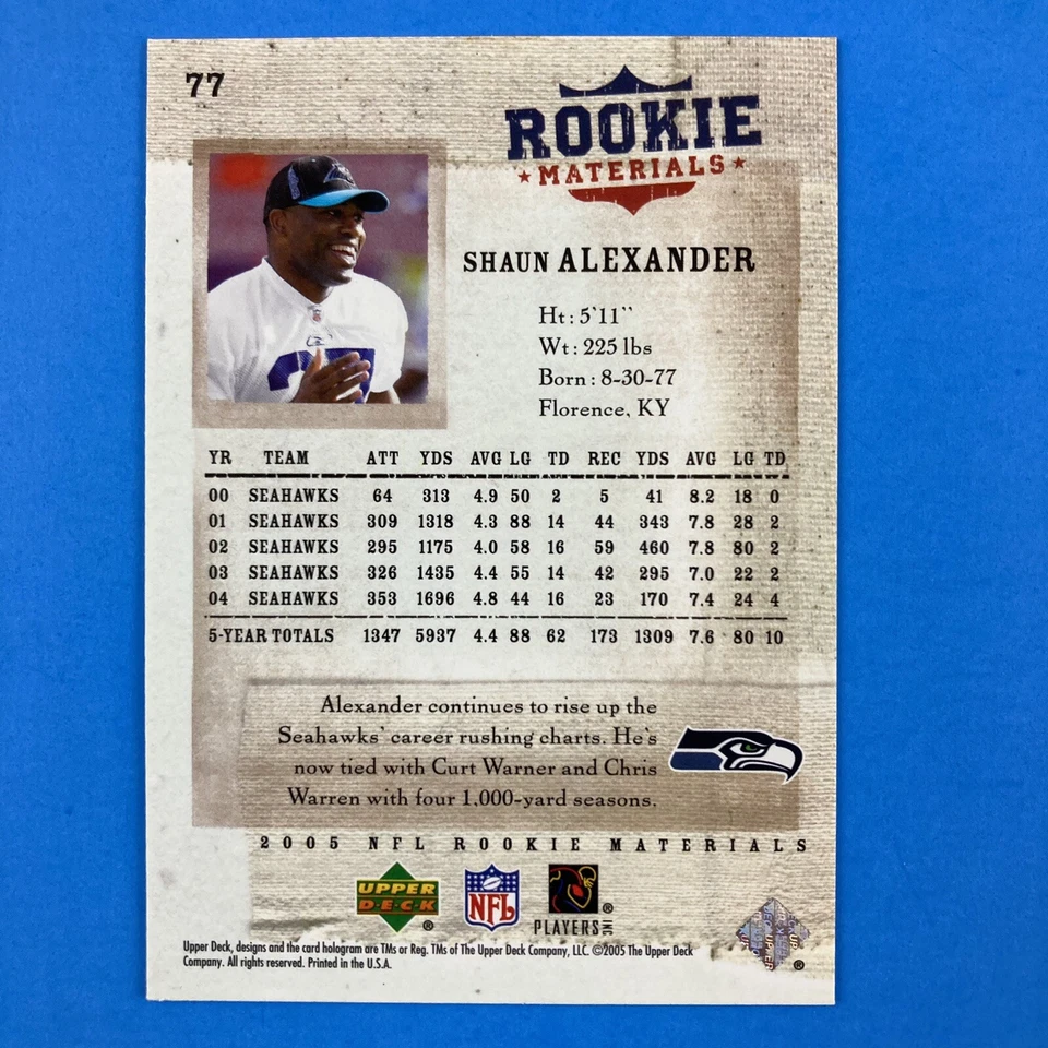 Shaun Alexander 2005 Upper Deck Rookie Materials Card #77 NFL Seattle Seahawks - Image 2 of 2