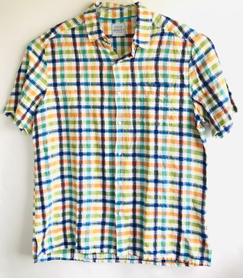 Steve Harvey Button Up Shirt Size L Mens Linen Cotton Plaid Short Sleeve