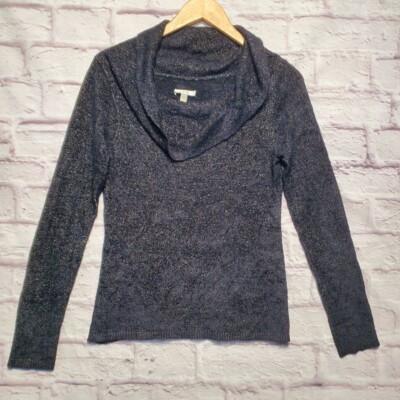 Cache Cowl Neck Sweater Womens Medium Black Gold Metallic Shimmer Soft Fuzzy