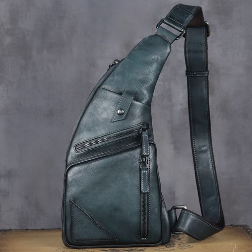 Genuine Leather Sling Bag for Men Real Leather Handmade Chest Crossbody Purse - Picture 4 of 14