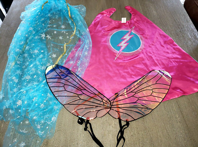 girls SHIMMERY CLEAR BUTTERFLY WINGS PINK CAPE BLUE SHEER CAPE STARS HALLOWEEN