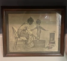 Vintage R. HENDRICKSON PRINT FRAMED MOTHER BATHING DAUGHTER