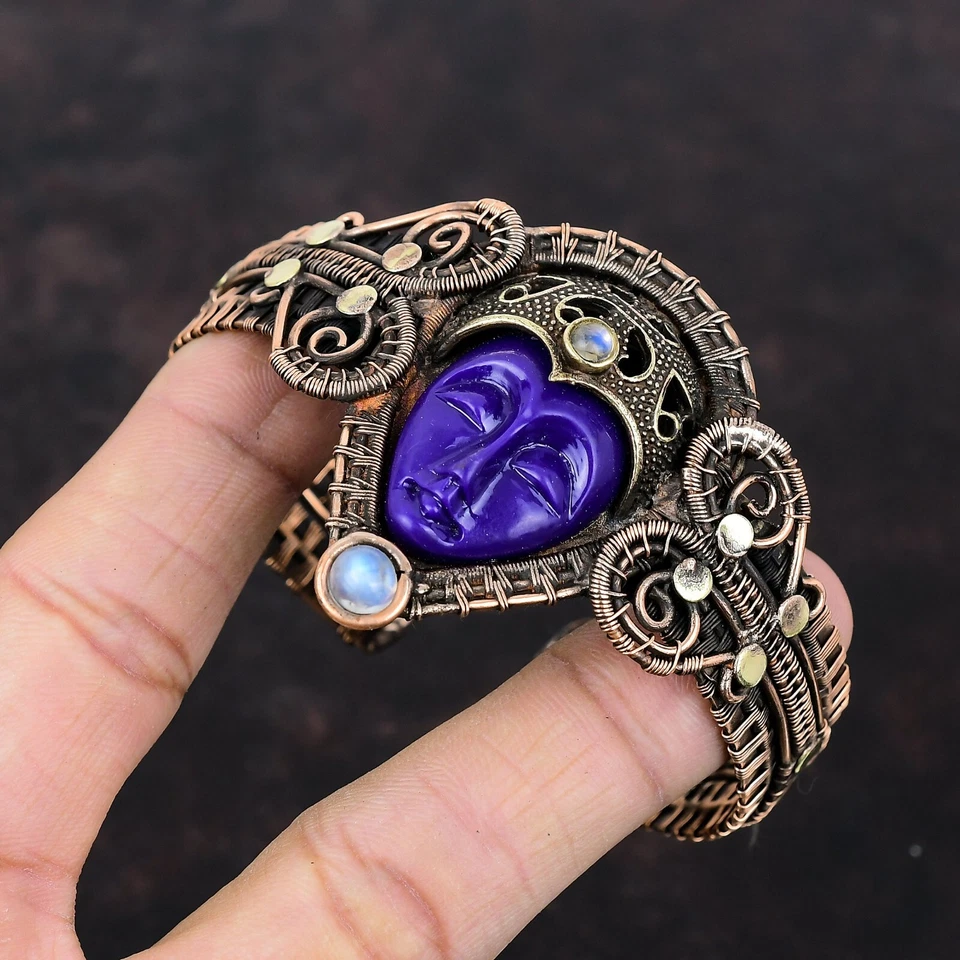 Bracelete de cobre natural roxo esculpido rosto arco-íris pedra da lua fio envolto - Imagem 4 de 4