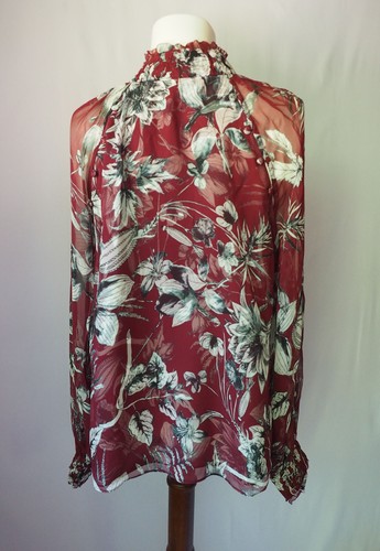 Parker Rebel Blouse Silk Lined Ruffle Floral Burgundy Red White Size S $268 - Picture 3 of 9