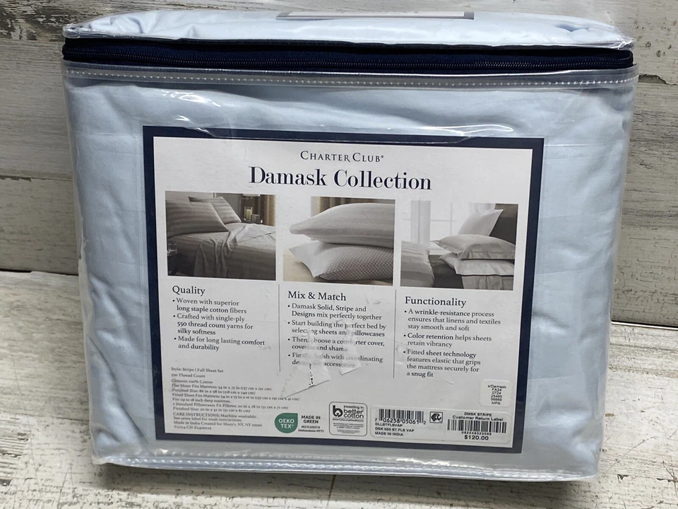 Conjunto de folhas Charter Club Stripe 550 TC 4 peças tamanho completo vapor cor azul claro novo - Imagem 2 de 4