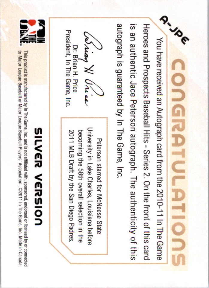 2011 ITG Heroes and Prospects Full Body Auto Silver #JPE Jace Peterson - Image 2 of 2
