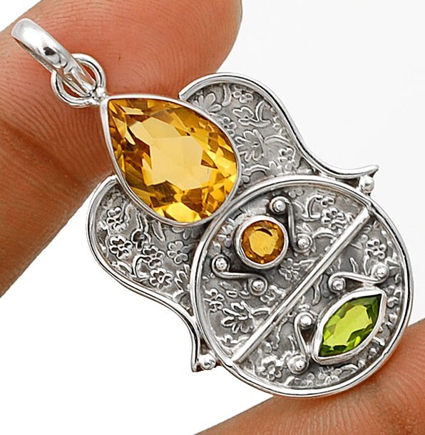 6CT Natural Golden Citrine and Peridot Sterling Silver Pendant