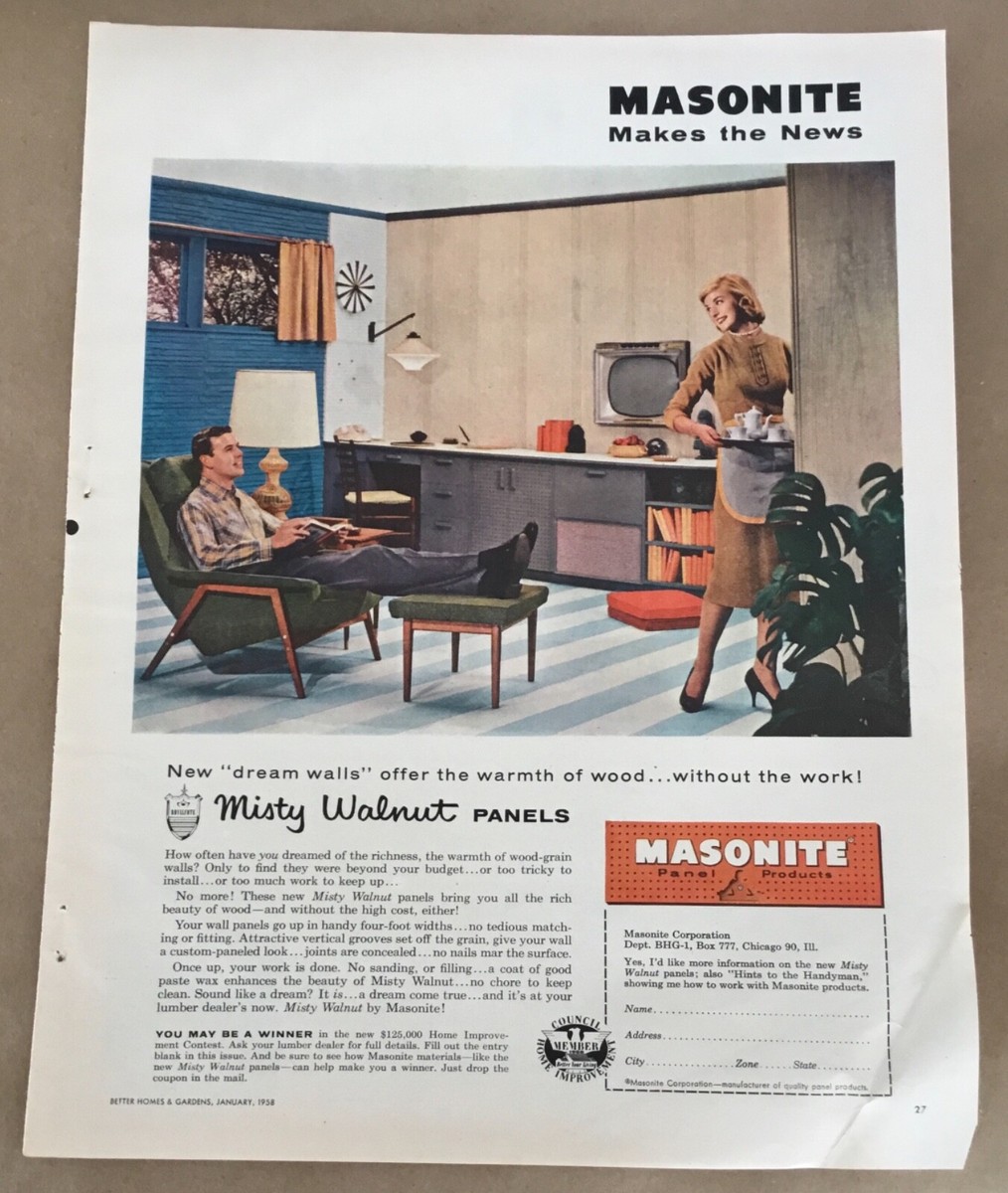 Masonite wood panels 1958 print ad 1950s vintage art retro