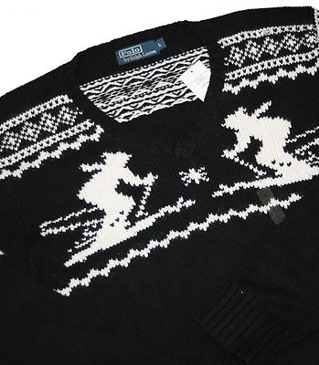 Ralph Lauren Kaschmirmix V- Neck VN Dueling Skiers Black Pullover Gr.L & XL