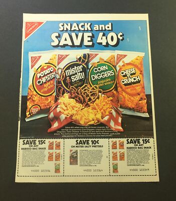 VTG 1982 Nabisco Potato Chips Snack Bag & Mister Salty Pretzels Print Ad Coupon
