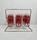 Vtg Set 6 Jeanette Glasses Tumbler Red Atomic Starburst Glassware With Carrier