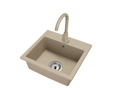 Beige DON-Granitspüle mit Küchenarmatur und Siphon