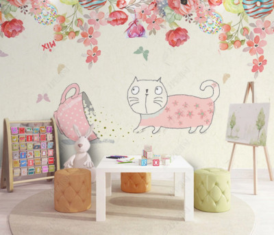 3D Cat Floral Butterfly Kids Self-adhesive Removeable Wallpaper Wall Mural